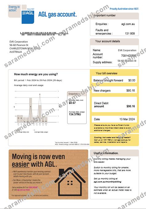 Australia AGL gas business utility bill Word and PDF template, version 2